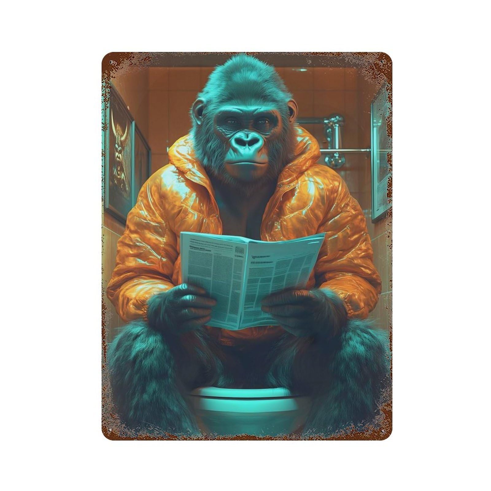 Gorilla Reading on Toilet Rustic Tin Plaque 15.7"x11.8", Ideal for Shed, Workshop And Garage Wall Decor