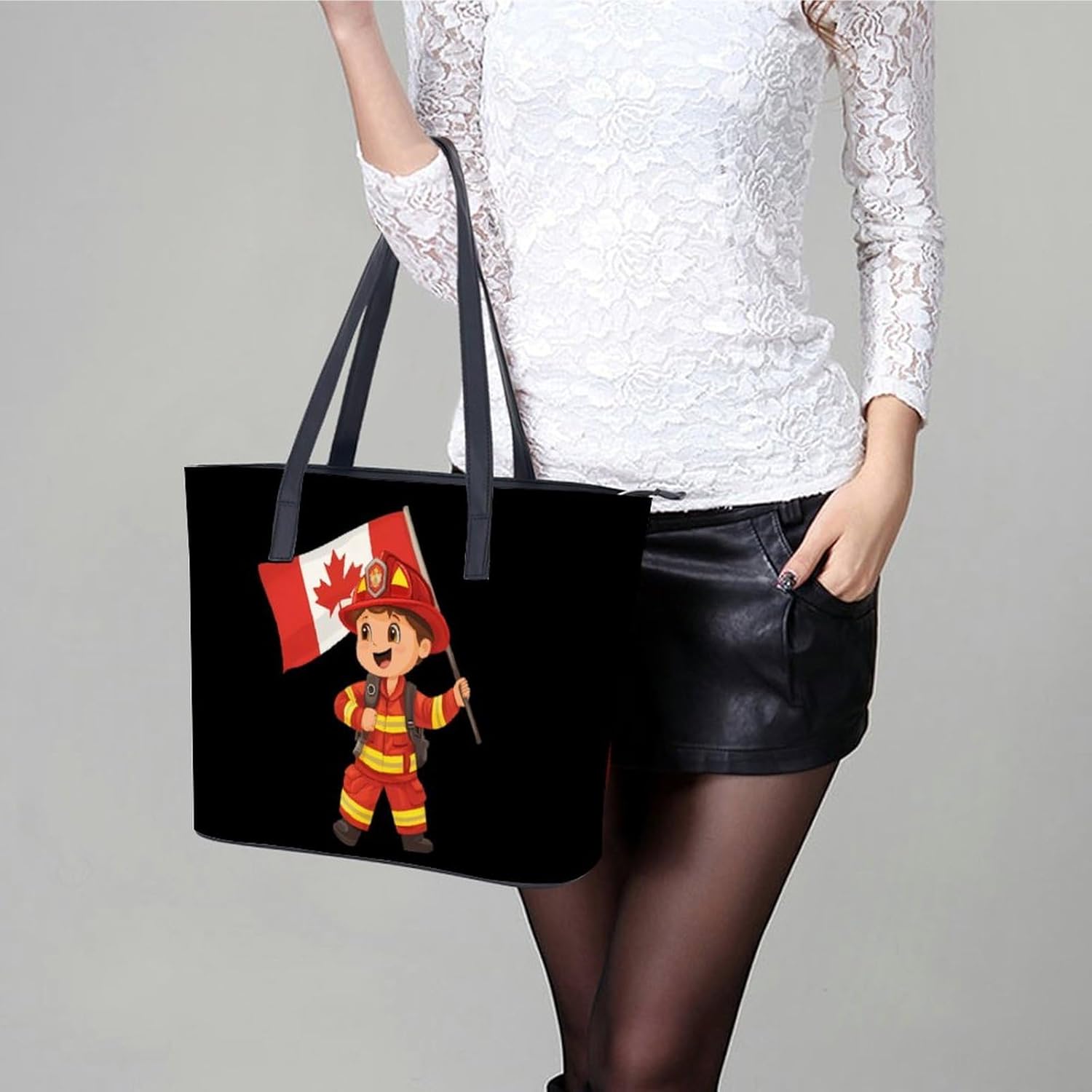 Cartoon Fireman Firefighter Canada Flag Women's Satchel Handbags Tote Shoulder Bag Purses for Travel Shopping Work