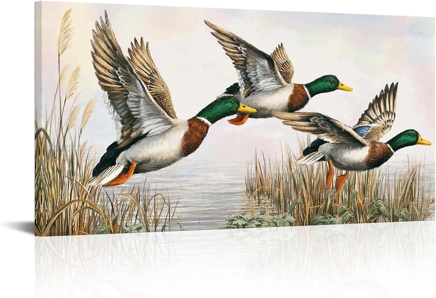 LevvArts Duck Wall Art Flying Mallard Ducks Over Lake Painting Canvas Print Vintage Lake House Cabin Decor 20"x40"