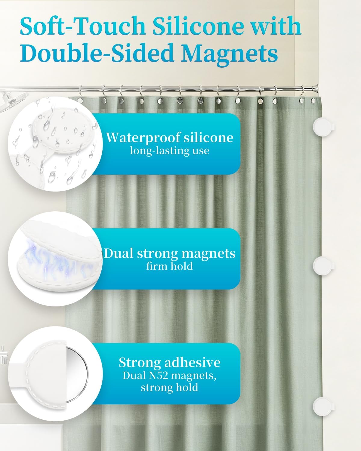 4Pcs Magnetic Silicone Shower Curtain Clips, Strong Magnet Curtain Holders