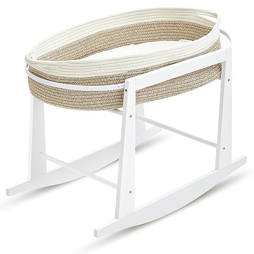 Pinkunn Moisés - Soporte de cesta mecedora para moisés, soporte ajustable de madera con ruedas para recién nacido, la cesta no está incluida (color