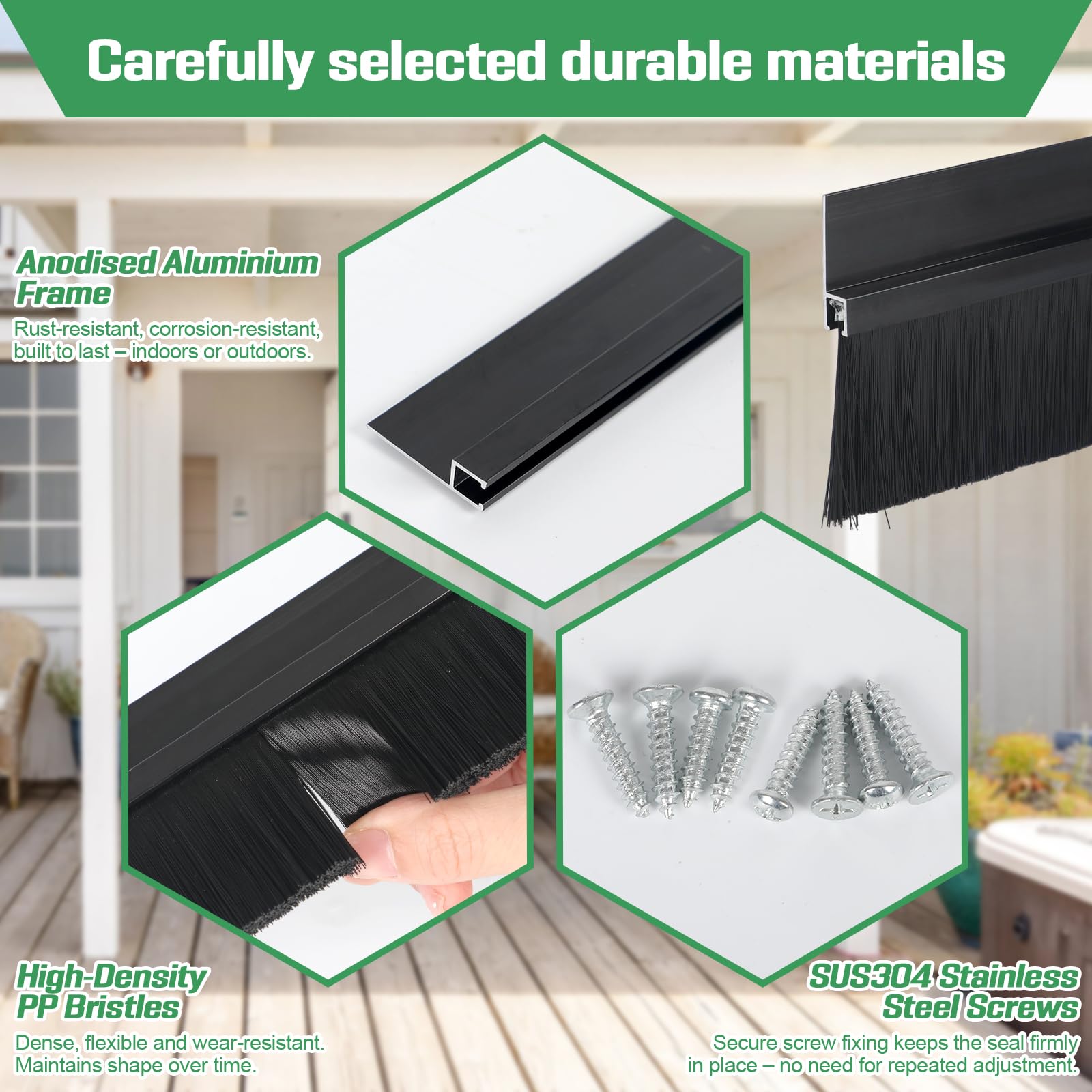 2 extra breite Türbürstendichtungsstreifen, 40 mm B x 880 mm L, silberfarbener Aluminiumrahmen mit schwarzen PP-Borsten und Befestigungsschrauben, Zugluft, staubdicht, wetterfest und