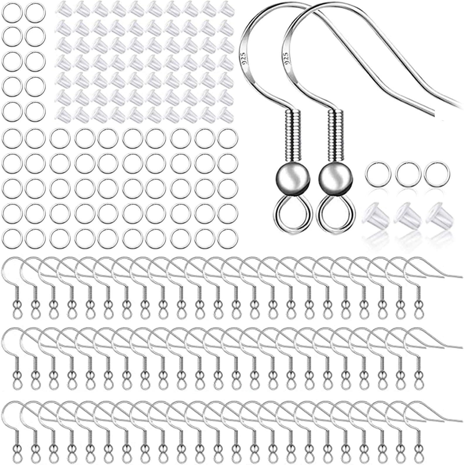 925 Sterling Silver Earring Hooks 150 PCS/75 Pairs,Ear Wires Fish Hooks,500pcs Hypoallergenic Earring Making kit with Jump Rings and Clear Silicone Backs Stoppers (Silver)