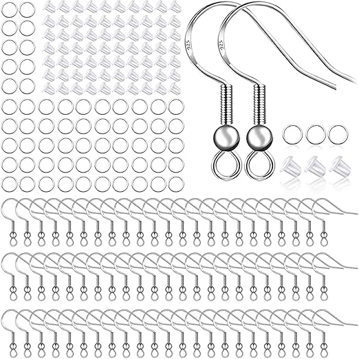 925 Sterling Silver Plated Earring Hooks 150 PCS/75 Pairs,Ear Wires Fish Hooks,500pcs Hypoallergenic Earring Making kit with Jump Rings and Clear Silicone Earring Backs Stoppers (Silver)