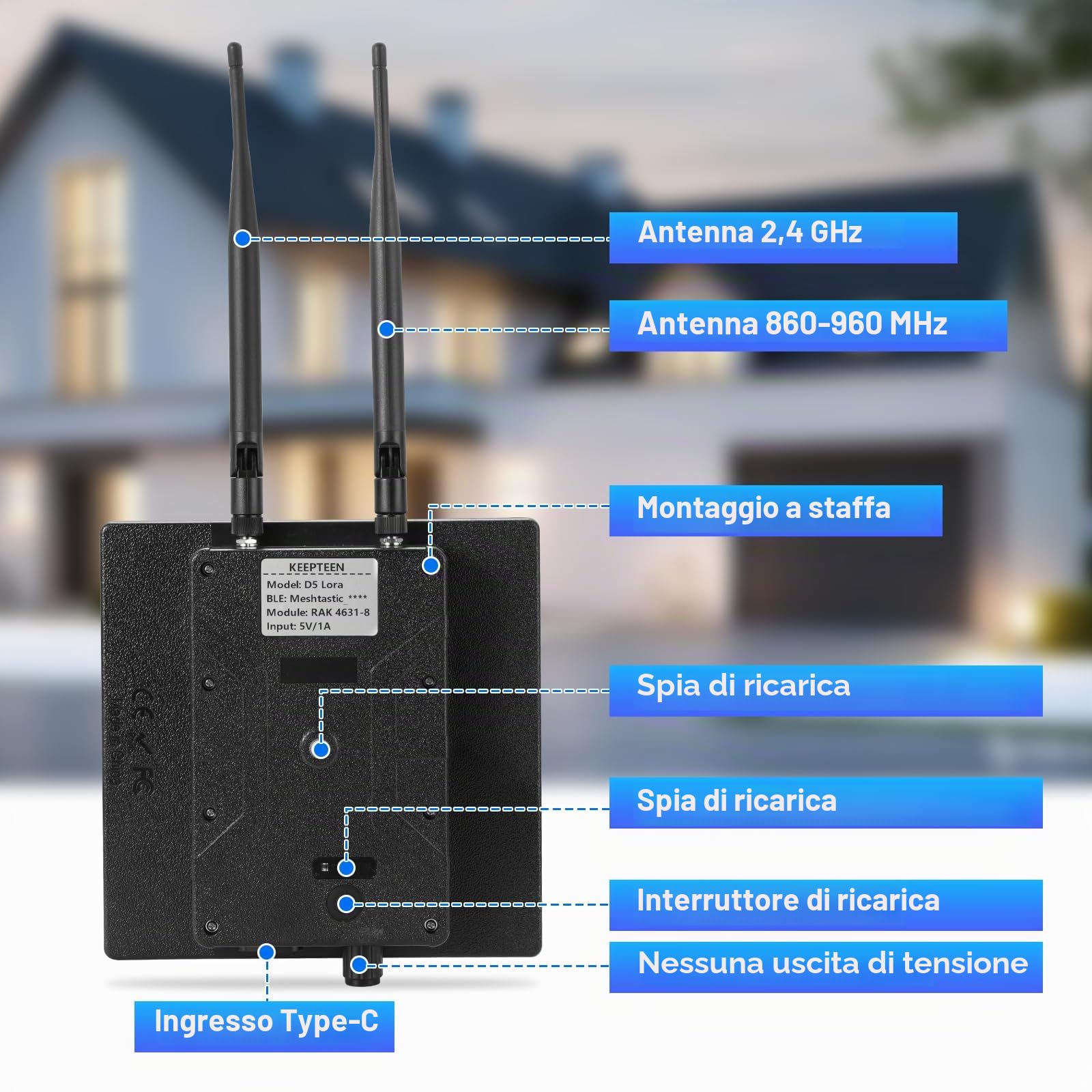D5L Meshtastic Solar-LoRa-Repeater, compatibile con nodi Meshcore Meshtastic, antenna 868 MHz, pannello solare, batteria integrata da 5000 mAh e regolatore di carica