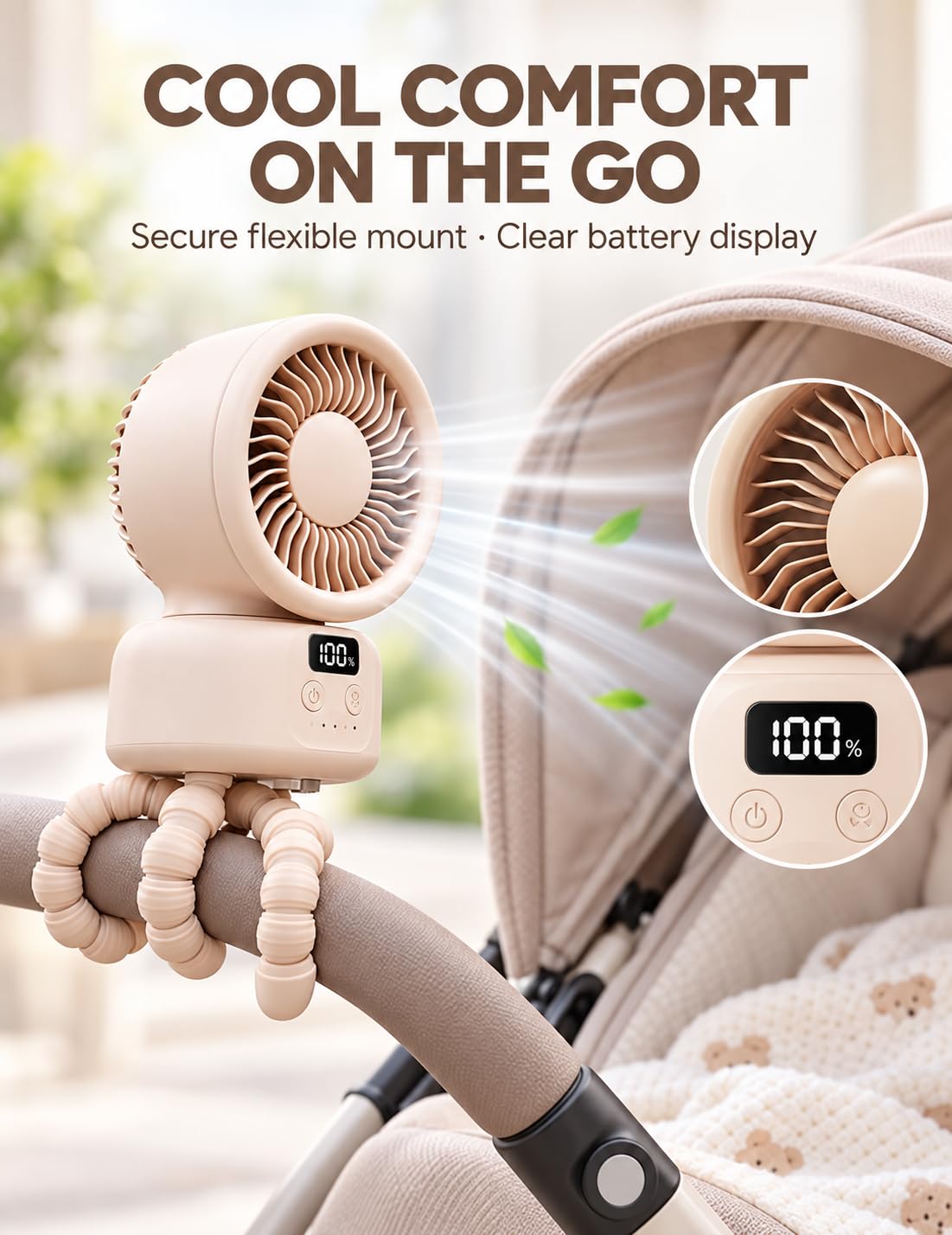 Ventilateur portable de poussette rechargeable 9000 mAh avec oscillation automatique, minuterie de 1 à 4 h, mini ventilateur silencieux à clipser à 100 vitesses, écran LED pour siège de