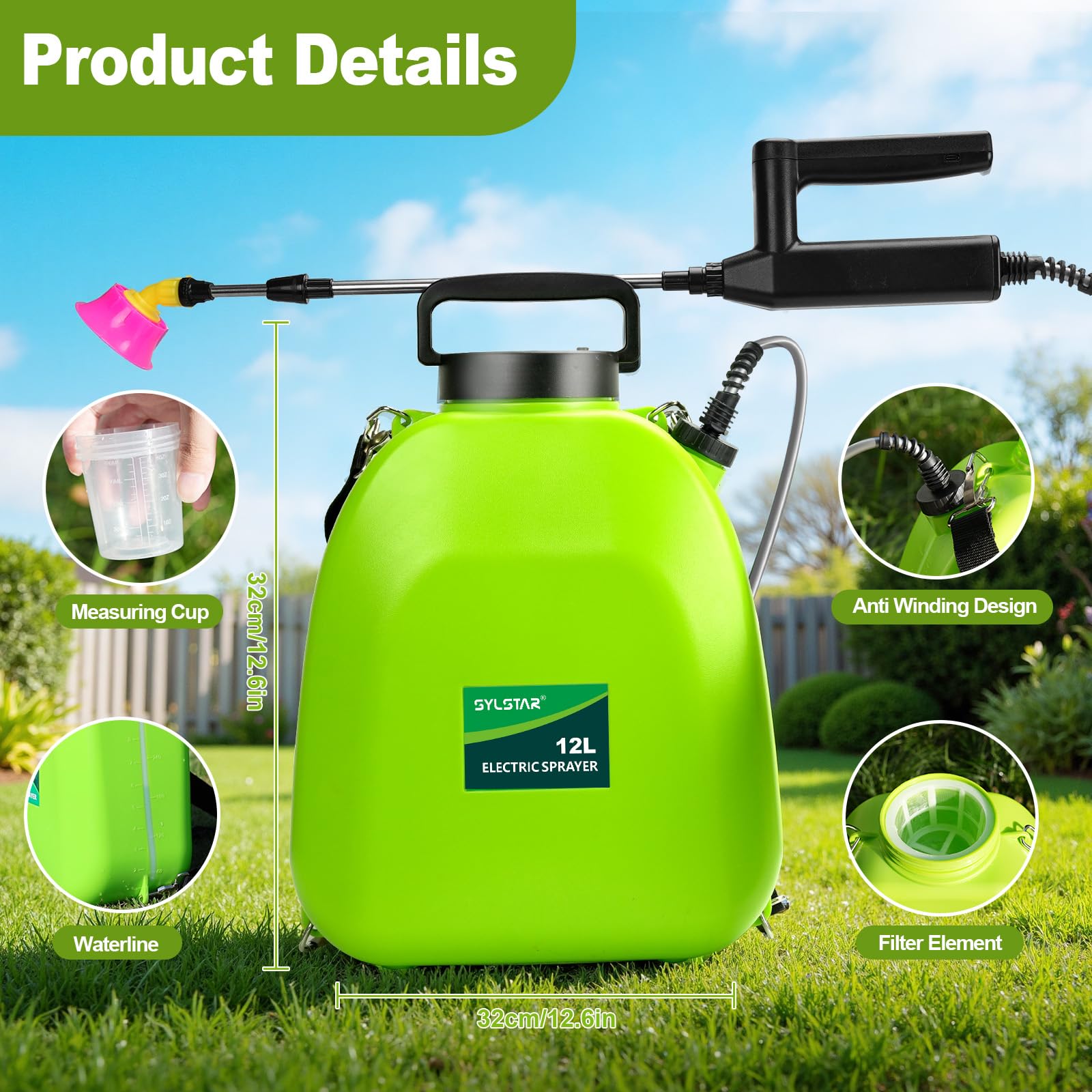 SYLSTAR Spruzzatore a zaino alimentato a batteria da 12 l,
