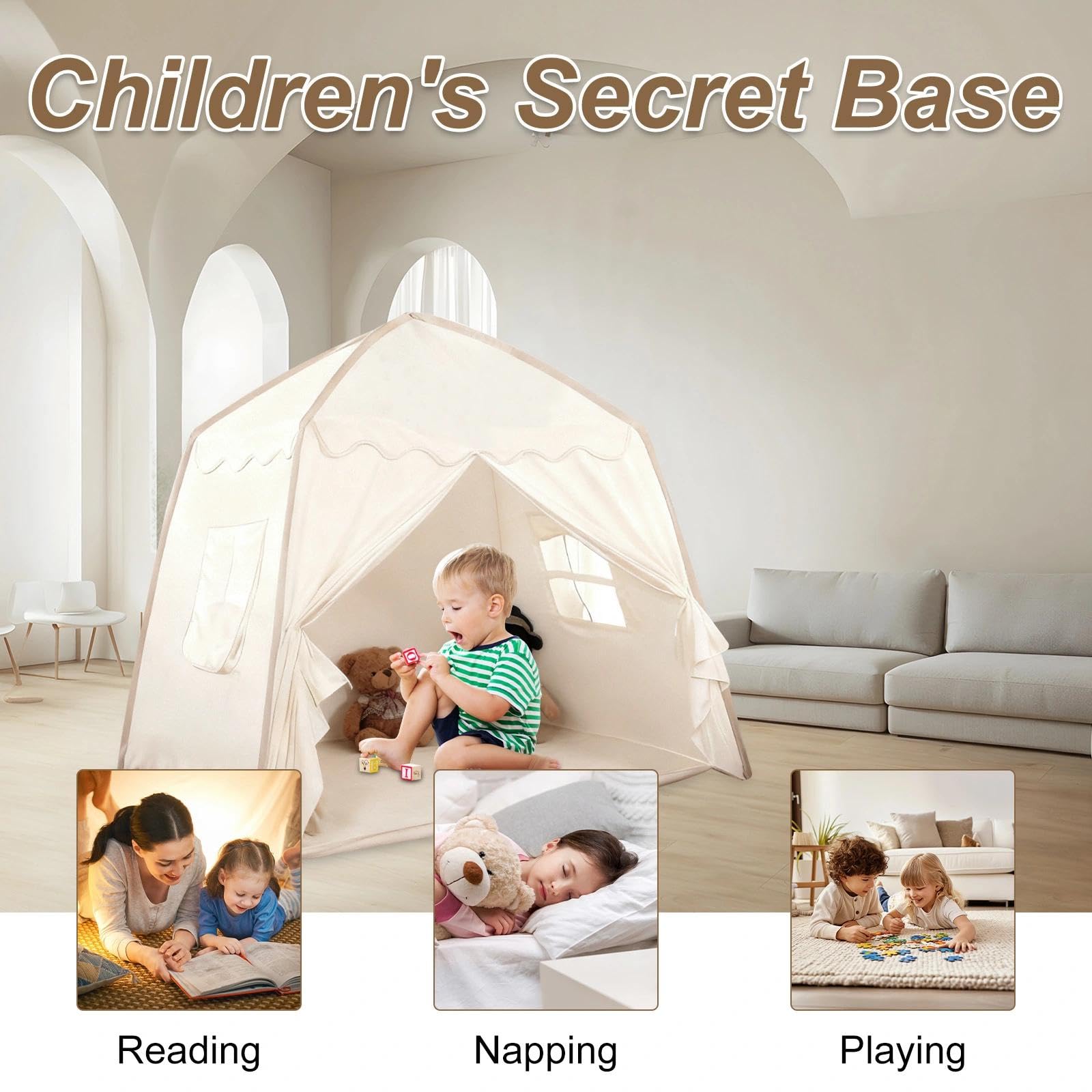 Tenda Gioco Bambina Pieghevole, Capanna per Bambini con Tappetino Morbido, Tenda per Bambini Cameretta con Finestre, Tende Principessa per Ragazze e Ragazzi(130cm × 100cm × 130cm)