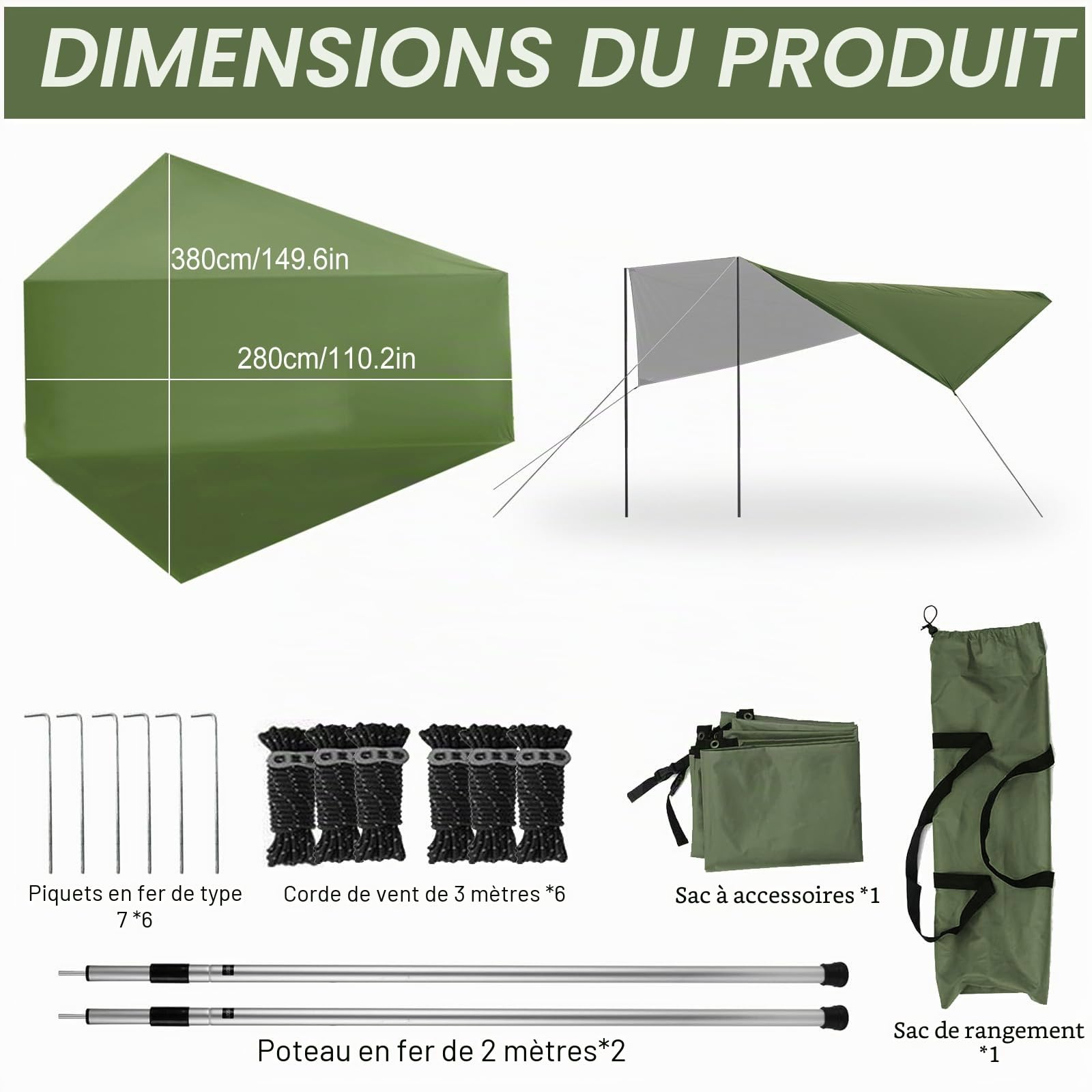 Auvent et voiture Tente de hayon universelle 280 * 380 cm, auvent de caravane et camping-car, pare-soleil pour voiture, van, camion (Vert)