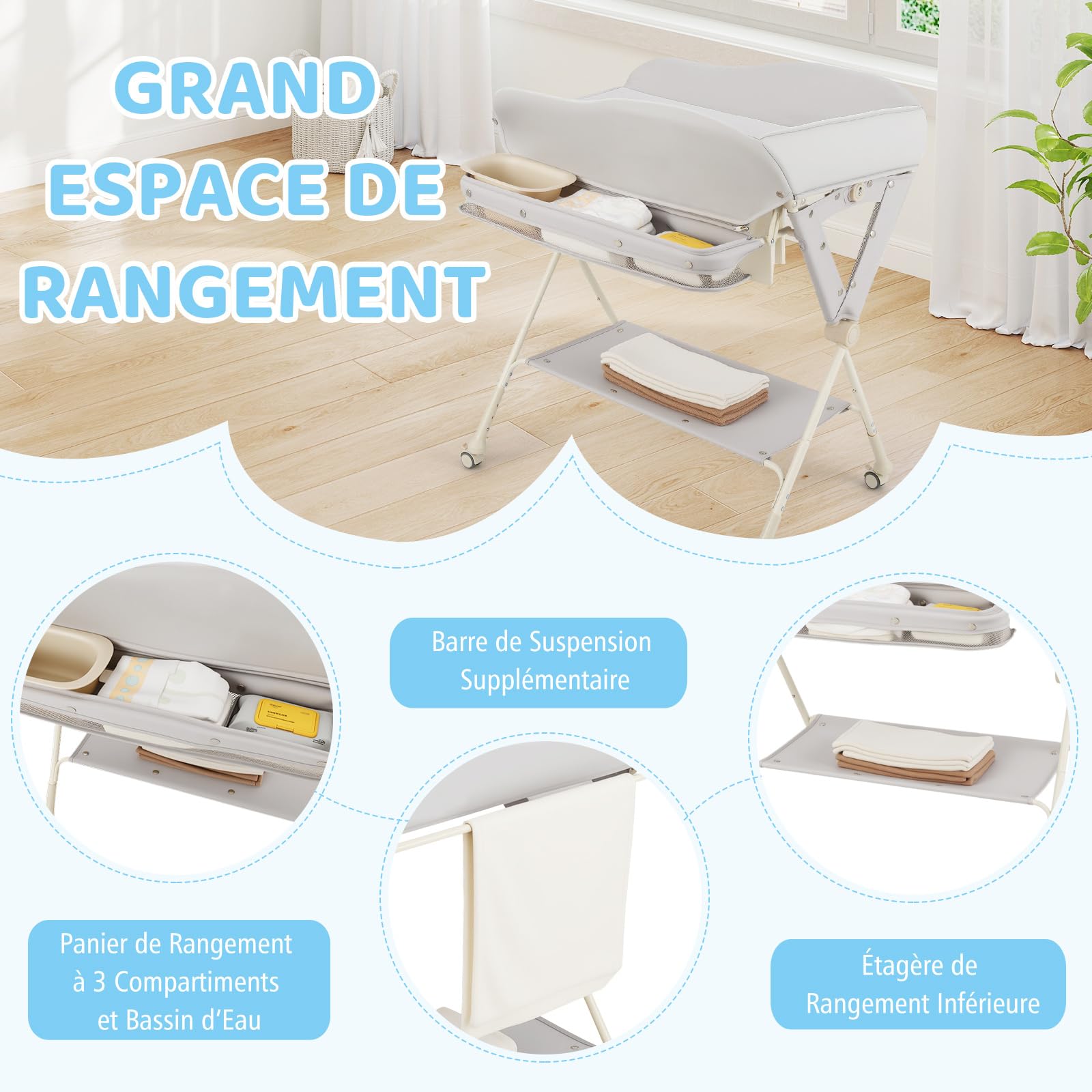 COSTWAY Table à Langer Pliable et Portable, Table a Langer Bébé Charge 11KG avec Bassin d'Eau Panier de Rangement et Ceinture de Sécurité Hauteur 80-85CM Roues Verrouillables (Gris)