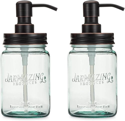 Miniatura 1 de Jarmazing Products Dispensador de jabón y loción en tarro de vidrio azul vintage, paquete de dos unidades, bronce aceitado