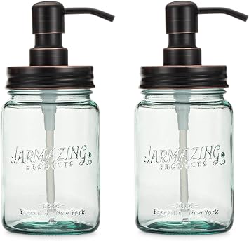 Jarmazing Products Vintage Blue Glass Mason Jar Soap and Lotion Dispenser - Two-Pack - Oil-Rubbed Bronze