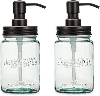 Jarmazing Products Vintage Blue Glass Mason Jar Soap and Lotion Dispenser - Two-Pack - Oil-Rubbed Bronze