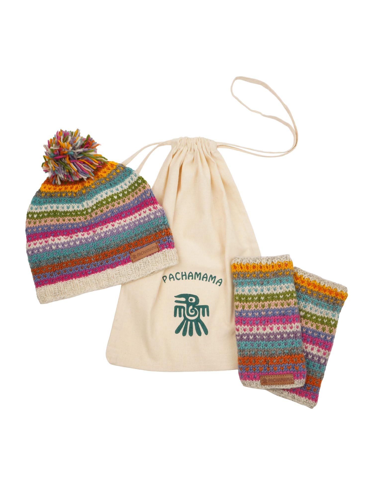 Pachamama Gorro de lana a juego para mujer y calentador de manos/muñecas, juego de regalo de 2 unidades, forro polar, punto a mano, rayas, multicolor, talla única, hecho a mano, extra cálido, comercio