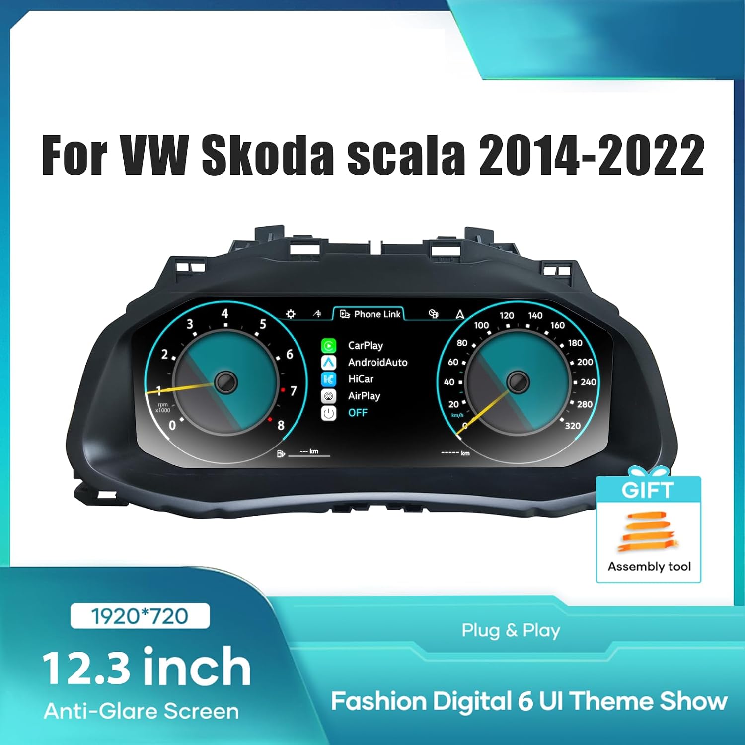 12.3 inch Digital Dash Instrument Cluster for VW Skoda Scala 2014-2022, Digital Cluster Speedometer Instrument Replacement, Digital Gauge Cluster, Cluster Replacement, Digital Dashboard