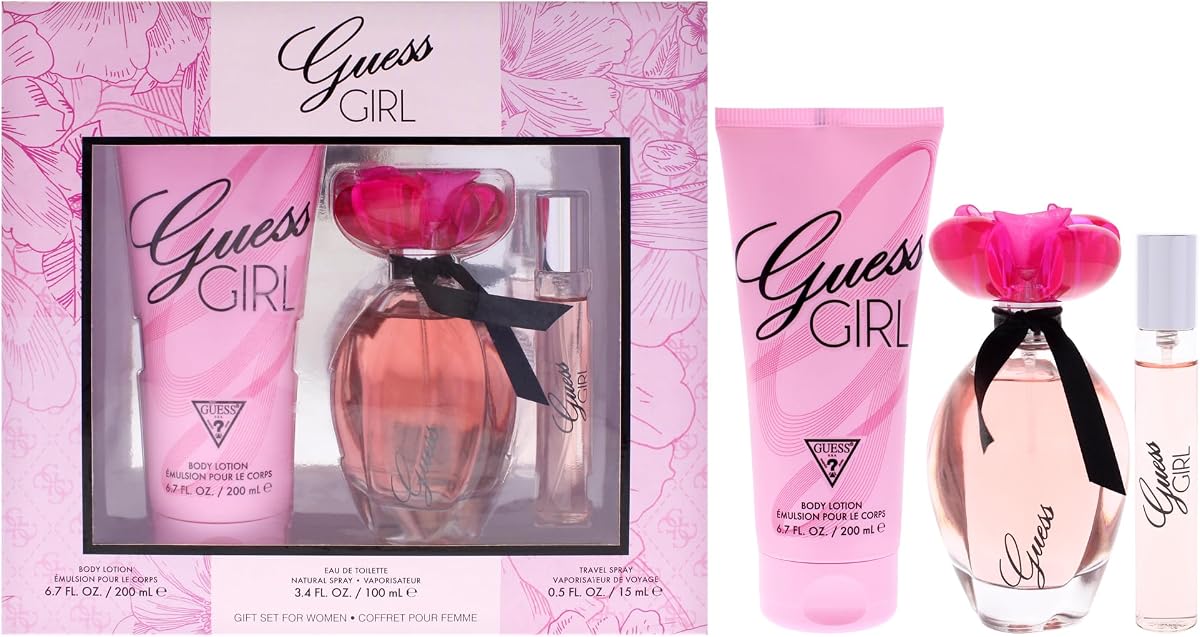 GUESS Girl Eau de Toilette Set de regalo de 3 piezas - Spray de perfume 3.4 fl. Oz., spray de viaje 0.5 fl. Oz., y loción corporal 6.7 fl. Onz