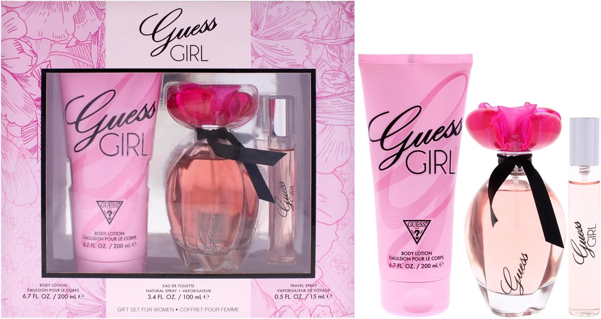GUESS Girl Eau de Toilette 3 Piece Gift Set - Perfume Spray 3.4 Fl. Oz., Travel Spray 0.5 Fl. Oz., & Body Lotion 6.7 Fl. Oz