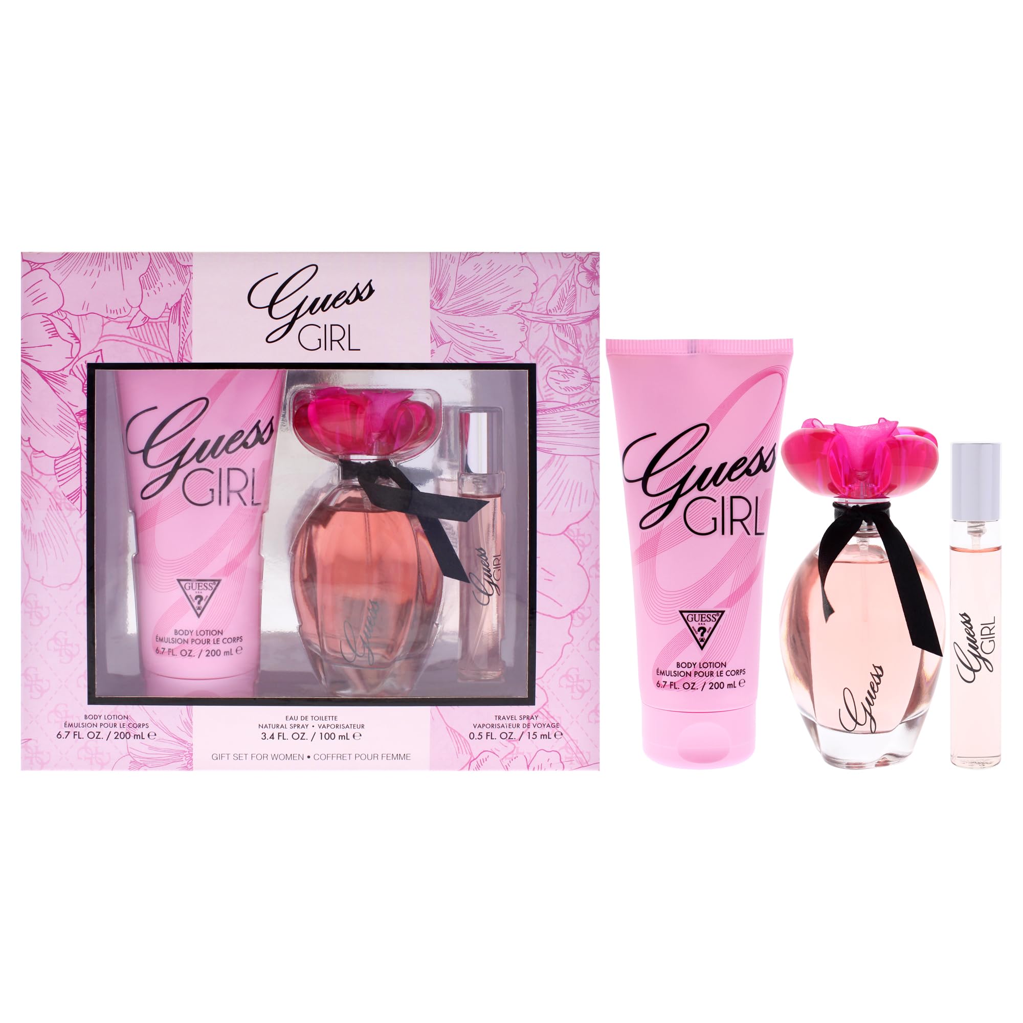 GUESS Girl Eau de Toilette 3 Piece Gift Set - Perfume Spray 3.4 Fl. Oz., Travel Spray 0.5 Fl. Oz., & Body Lotion 6.7 Fl. Oz