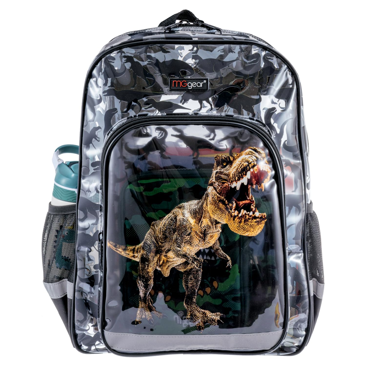 MGgear 16 Inch Clear PVC School Backpack with Tyrannosaurus Rex, Dinosaur Silhouette Pattern, and Black Trim, T-Rex Print Transparent School Youth Bag