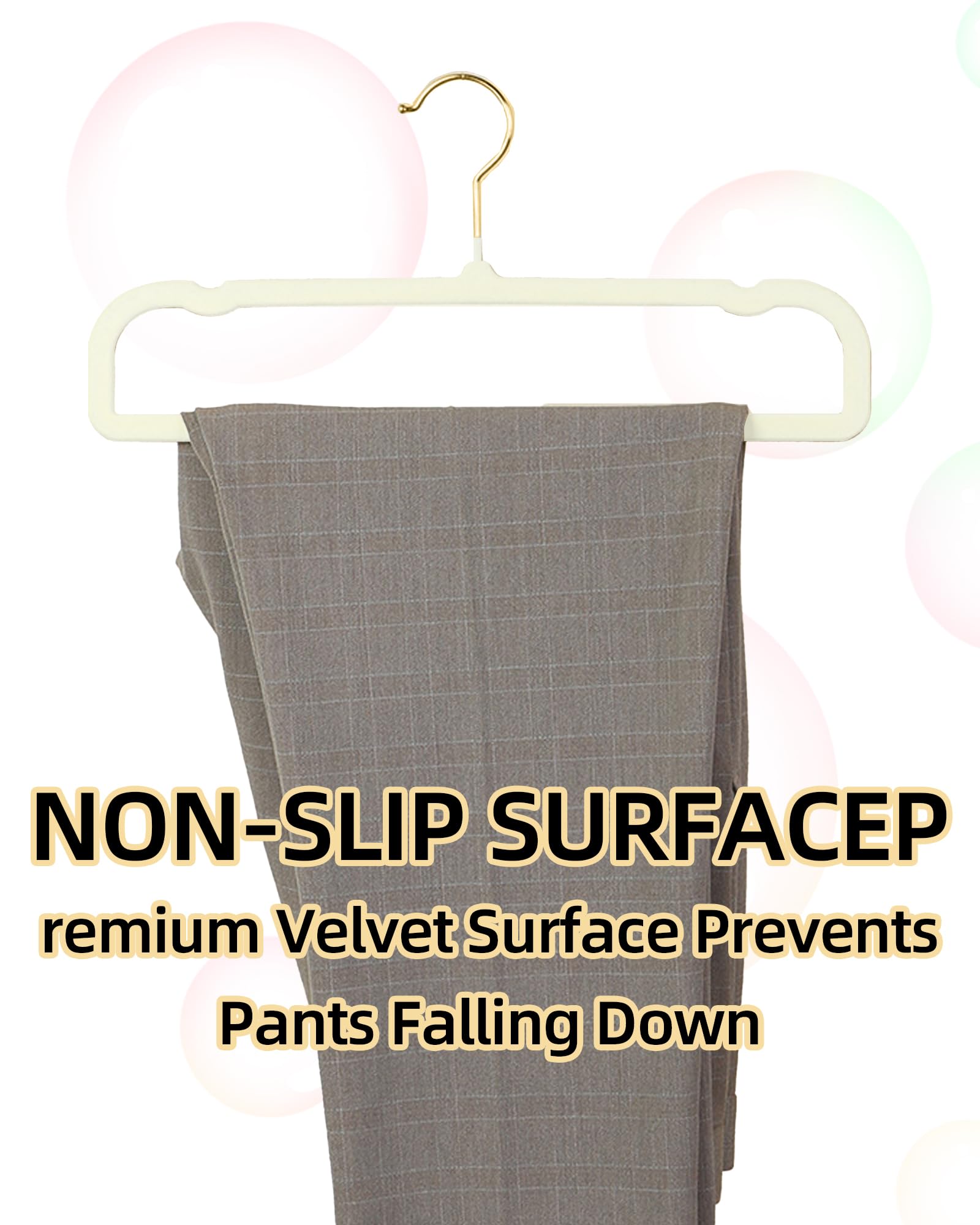 HGYZE Paquete de 20 perchas de terciopelo para pantalones, gancho dorado giratorio de 360°, colgador de fieltro antideslizante para vestidos de tirantes delgados, jeans holgados, barra de pantalones