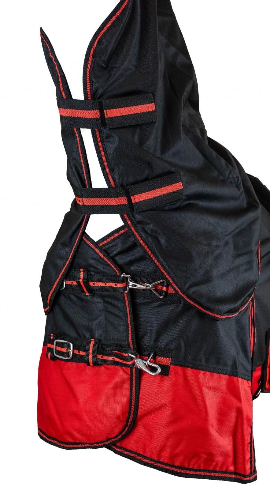 RL24 - Weidedecke Full Neck Basicline 600D Schwarz/Rot 135 cm (300g/m²) | Nylonfutter mit Füllung – Pferde Winterdecke – wasserdichte Outdoordecke mit Kreuzbegurtung – Pferdedecke