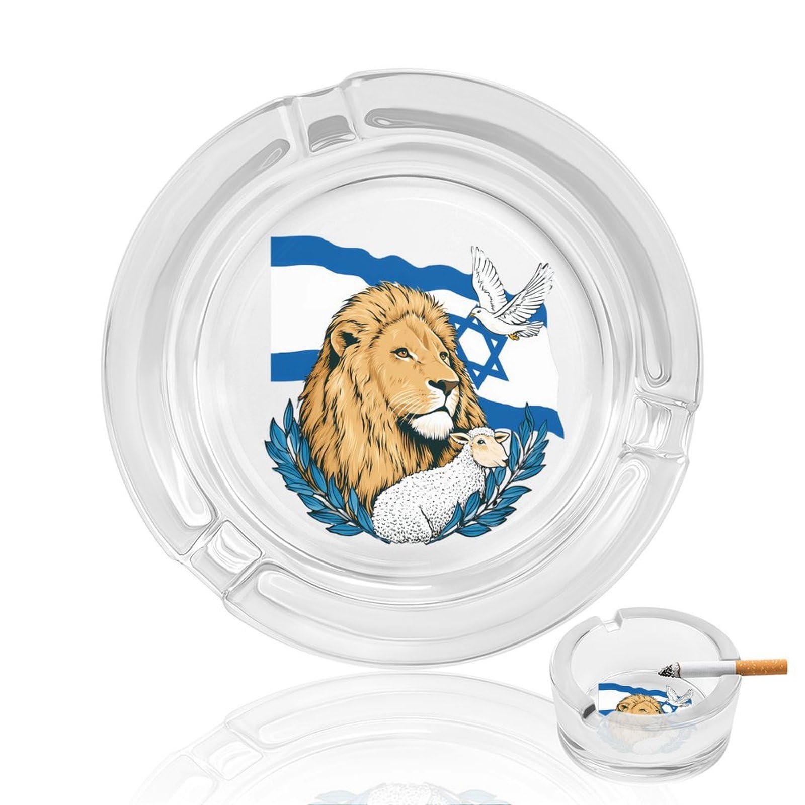 Jewish Israel Lion Dove Ashtray Portable Round Glass Outdoor Ash Tray for Home Office Garden Pub