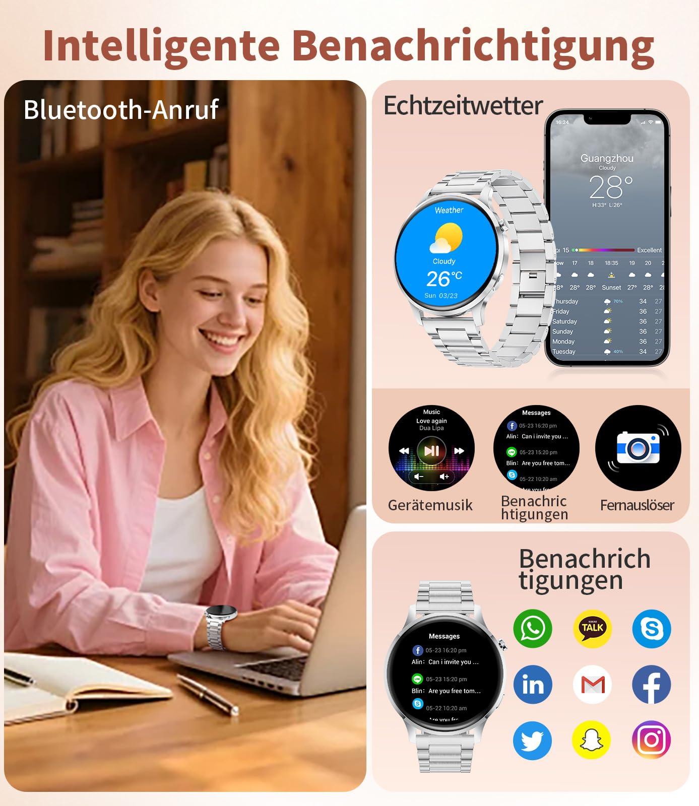 Smartwatch Damen mit Telefonfunktion, 1.32" AMOLED Fitnessuhr Smart Watch, 100+ Sportmodi Herzfrequenz Schlafmonitor Schrittzähler Uhr Damen, IP68 Wasserdicht Sportuhr für iOS Android (Silber)