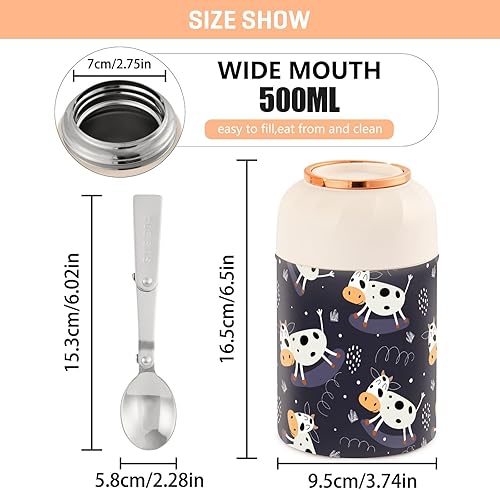 Miniatura 2 de Termo de vacas de leche de dibujos animados para comida caliente, termo aislado de 17 onzas con cuchara plegableasa para sopa infantil, contenedores