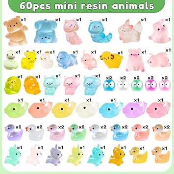 60 pcs Mini Resin Animals, 46 Styles Tiny Animal Figures Glow in the Dark for Potted Micro Landscape Garden Aquarium Dollhouse Decor