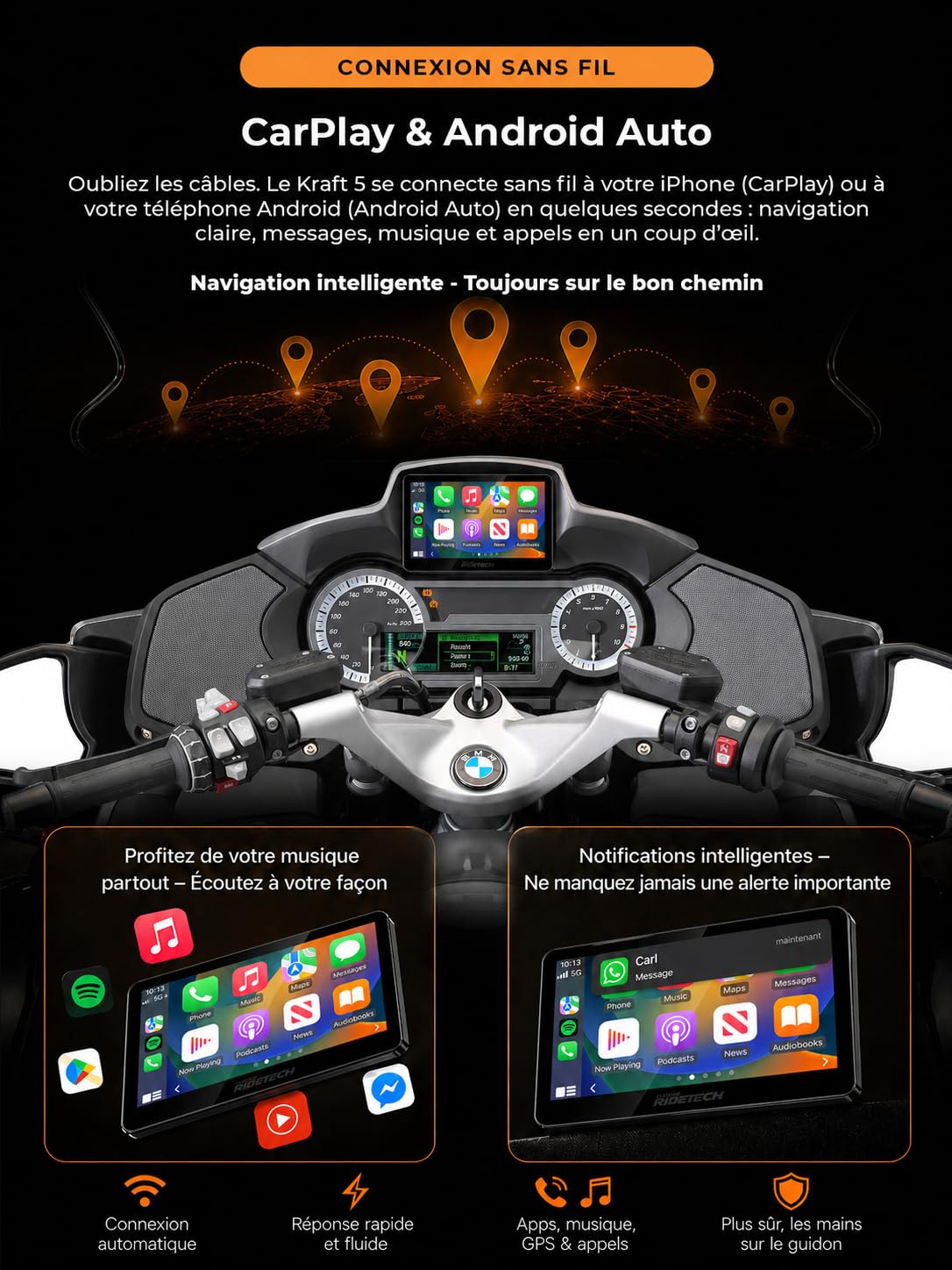 Kraft 5 - Écran Carplay pour Motos BMW RT/K16, CarPlay et Android Auto, Plug & Play | Plug and Play, écran tactile étanche, navigation GPS