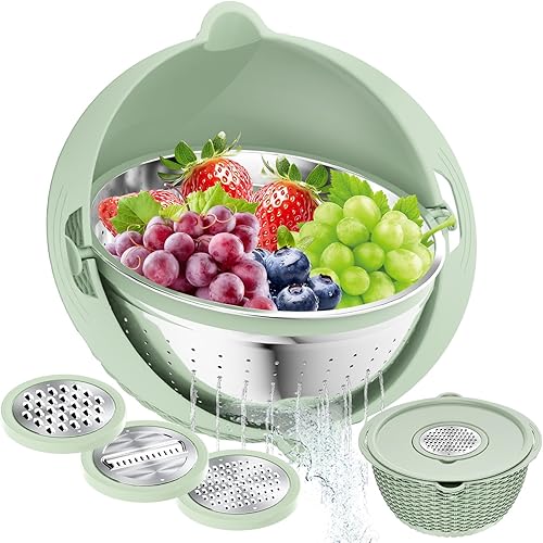 Miniatura 12 de Colador 4-1 con juego de cuencos, coladores y coladores de alimentos, cuenco para lavar frutas con colador, colador giratorio para cocina, accesorio