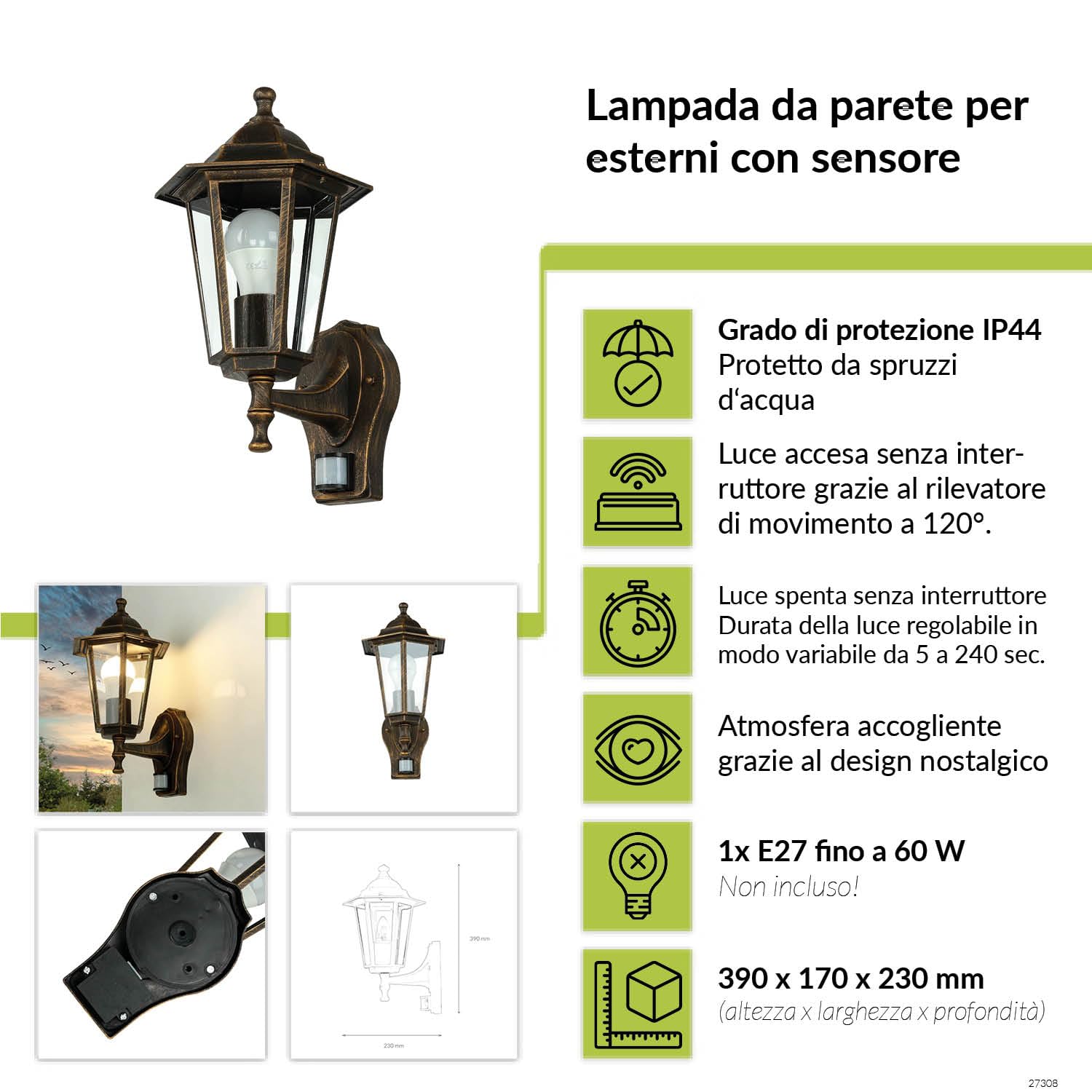 Licht-Erlebnisse Lampione da giardino Paris con sensore di movimento stile rustico retrò classico in bronzo anticato ideale per giardino, cortile e vialetto