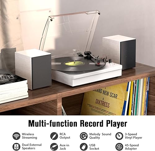 Miniatura 3 de Reproductor de discos de vinilo con dos altavoces estéreo, tocadiscos de reproducción Bluetooth con entrada de auriculares AUX de 3 velocidades y