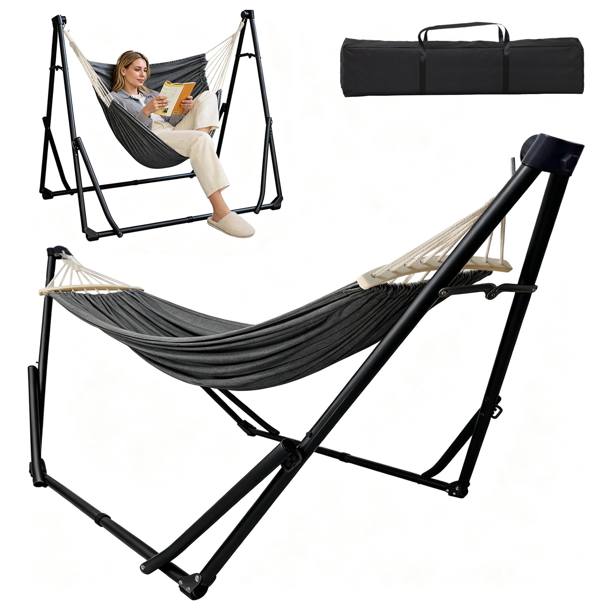 2 in 1 Hammock & Hanging Chair with Foldable Stand, Portable Hammock with Stand Carry Bag, Indoor Outdoor Garden Hammock Chair for Patio Balcony Camping,Black