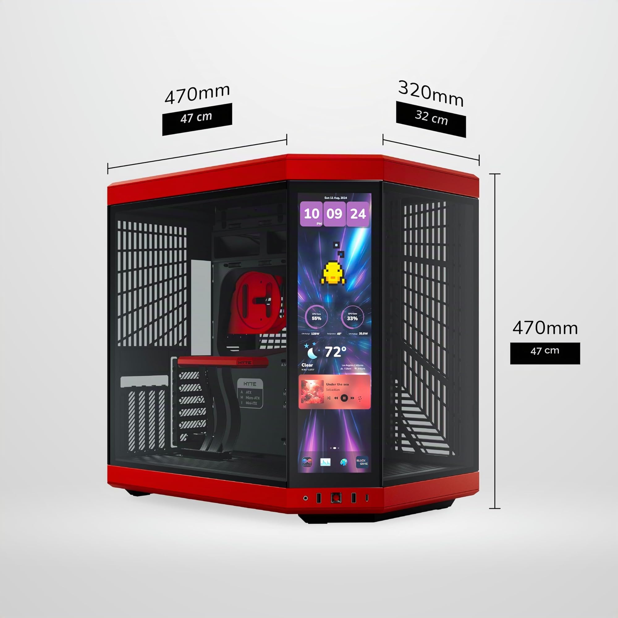 Hyte Y70 Touch Infinite Boîtier ATX à Double Chambre, avec écran Tactile LCD 2,5K intégré - Noir Cerise/Rouge