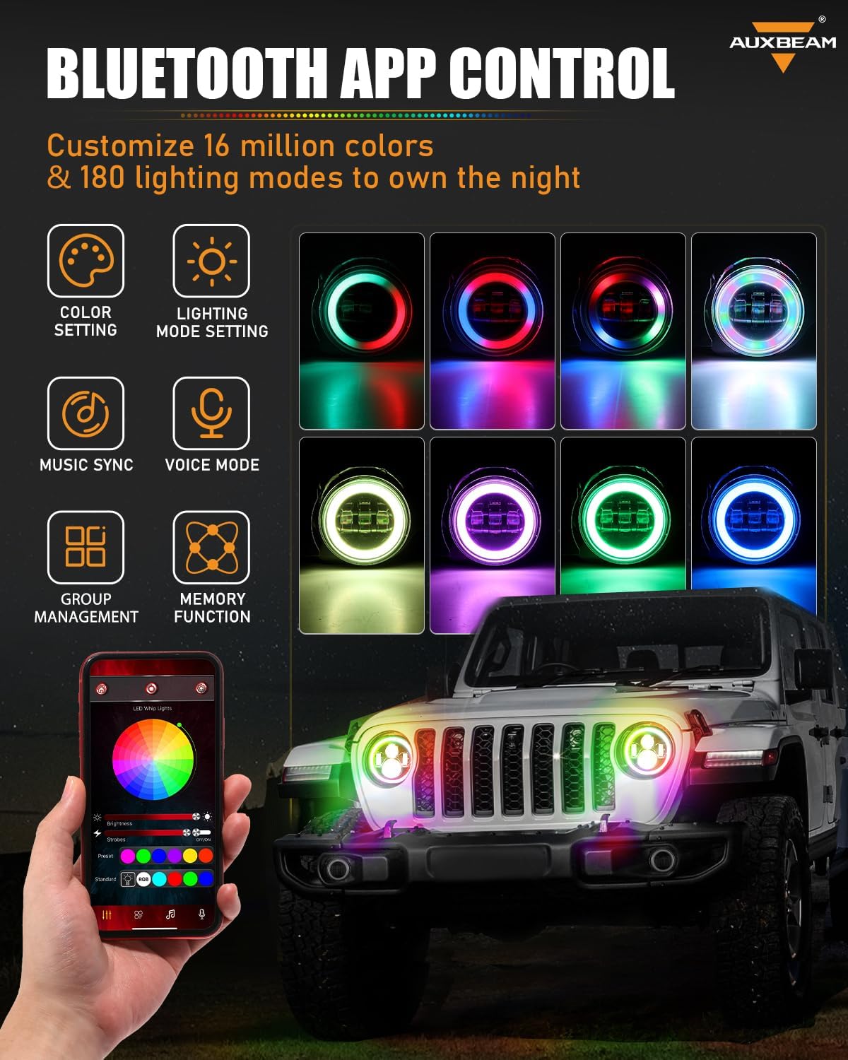 Auxbeam 2PCS 4 Inch RGB Round Fog Lights w/DRL Turn Signal, Bluetooth APP Control, LED Fog Lights Compatible with Jeep Wrangler JL 2018-2024, JK 2007-2018, DOT Approved, 1-Year Warranty, Waterproof