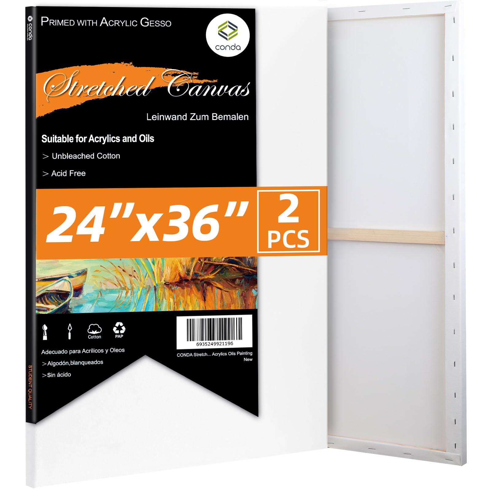 CONDA 60x90 Stretched Canvas for Painting, 2 Pack Primed Large Canvas