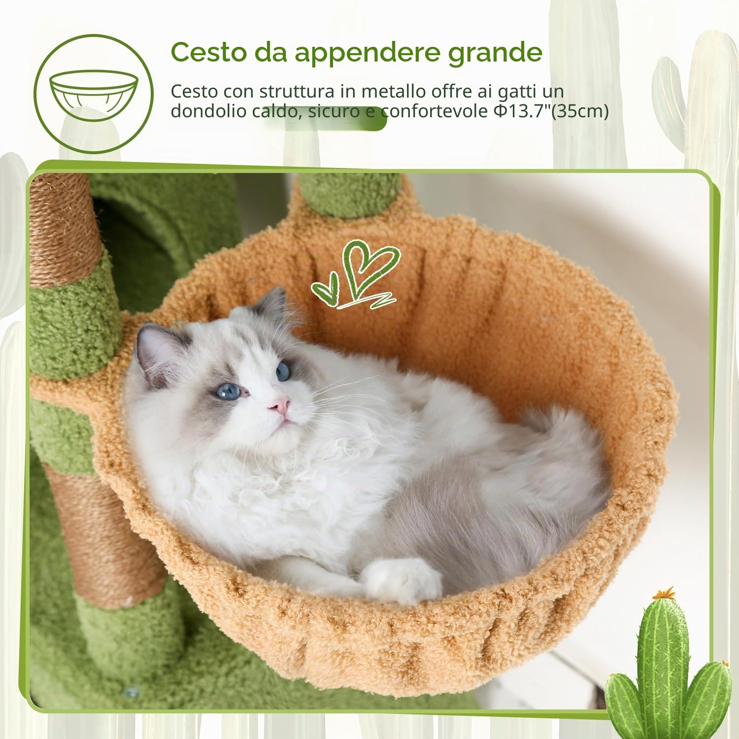 Globlazer Tiragraffi per Cactus Verde con 2 Grotta, Imbottiti Piattaforma,Trespoli, Cestini, Peluche Giocattoli, Stabile Tiragraffi Alto 134 cm per Grandi Gatti Anziani Riposare Giocare (S52, Verde)