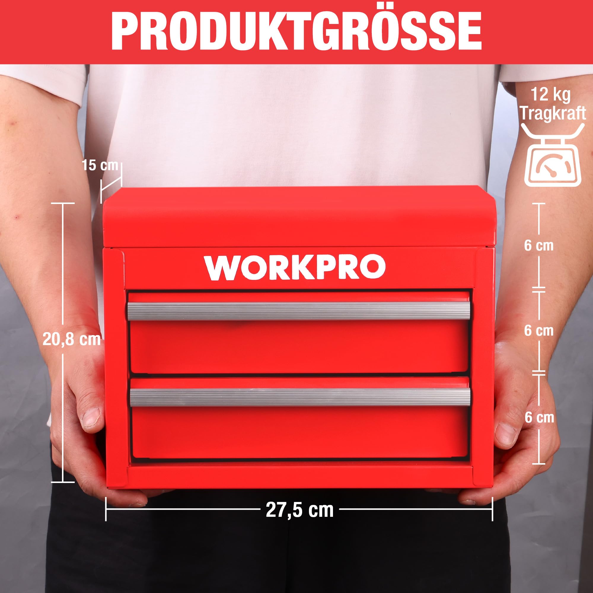 WORKPRO Metall Schubladenbox 2 Schubladen, Rot, Tisch Organizer | Mit oberem Stauraum, ideal für Büro, Schreibtisch und Umkleide, zur übersichtlichen Aufbewahrung von Kleinteilen