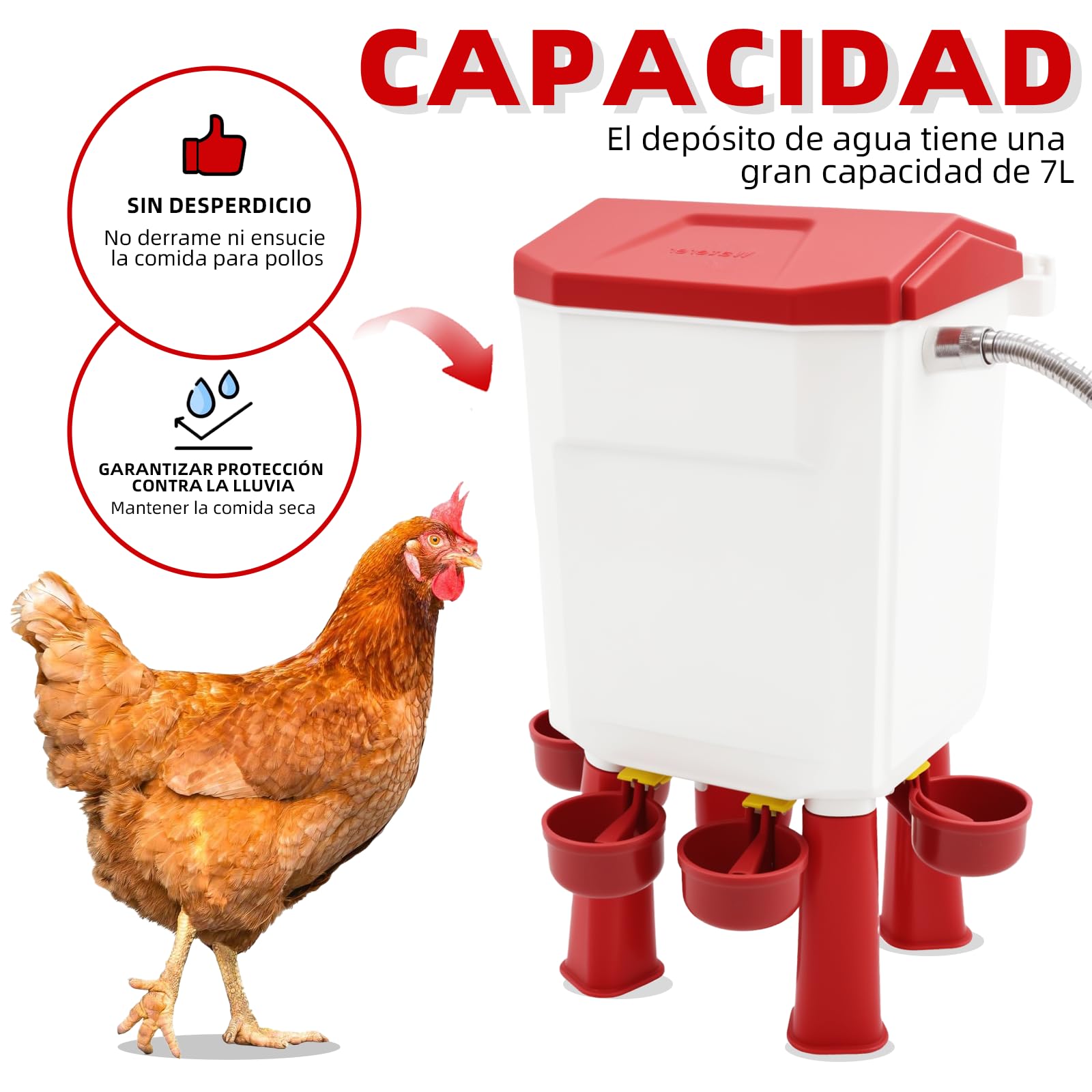 Bebedero automático de 7 litros, bebedero independiente para pollos para patos y gansos, alimentación colgante por gravedad, accesorios de cría de pollos, incluye accesorios