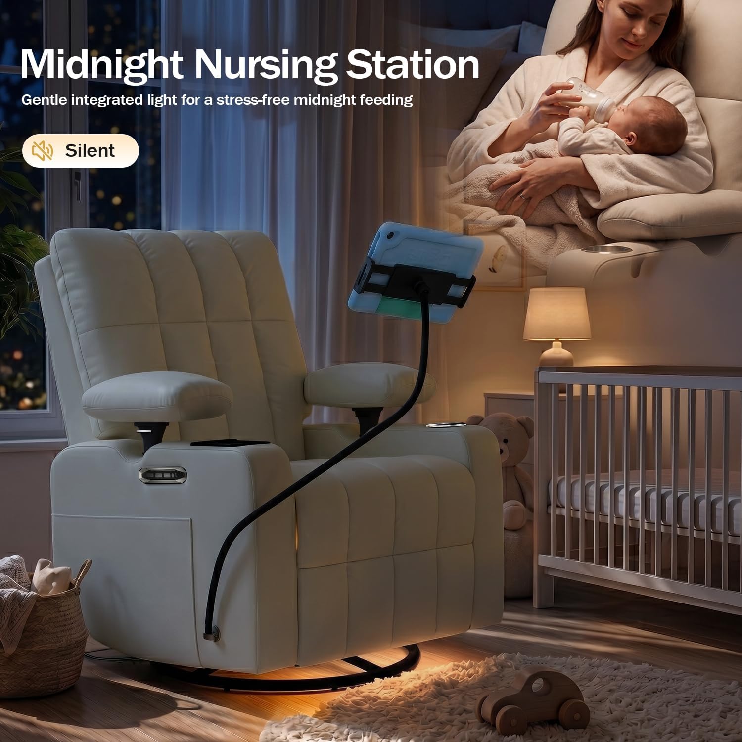 Power Rocking Chair Nursery, Electric Glider Recliner Chair with Night Light Smart Cup Holder, Oversized Nursing Chair for Breastfeeding with Adjustable Armrest Backrest Headrest Support, Beige White