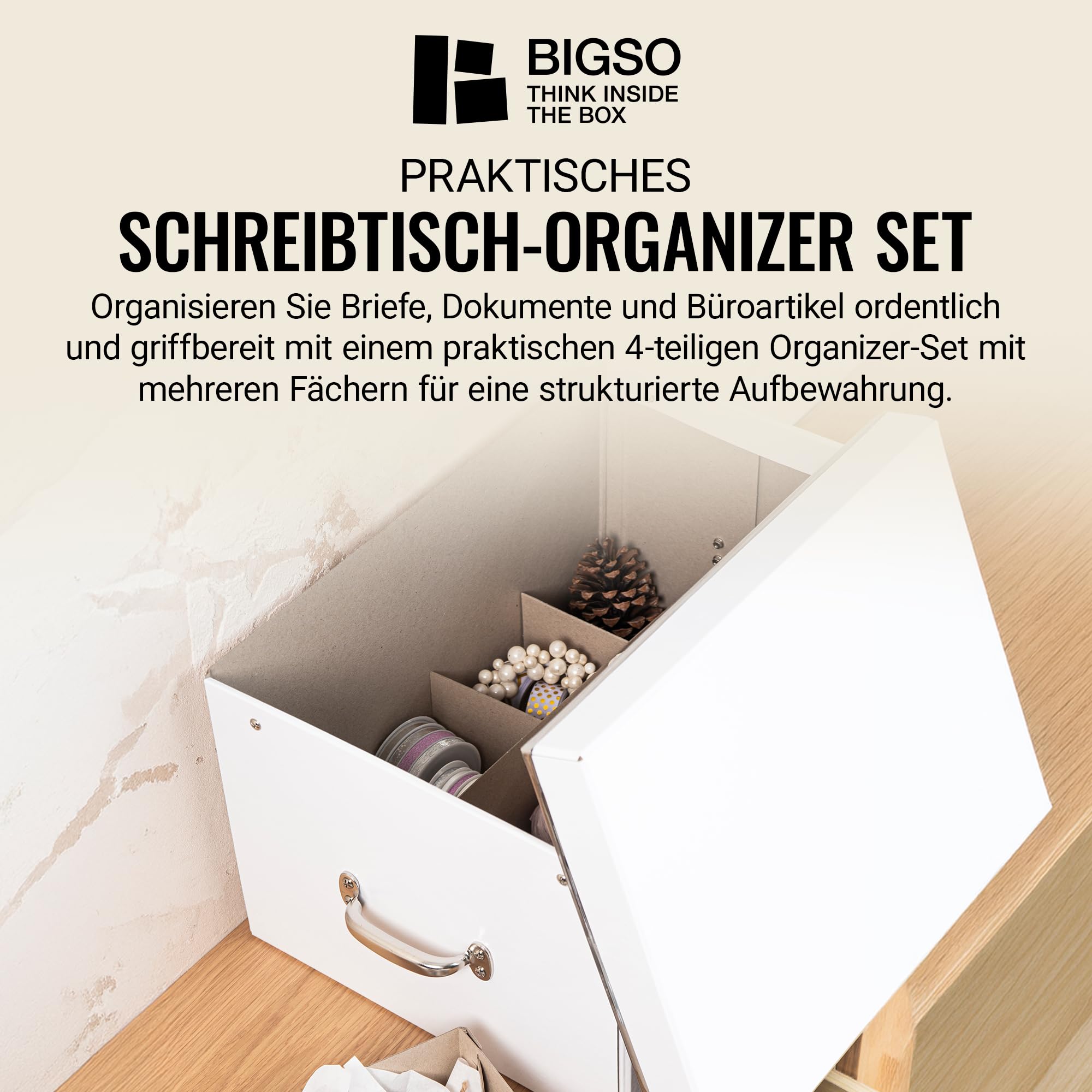 BIGSO ENGLA Weihnachtsbox für Christbaumkugeln – Aufbewahrungsbox mit Deckel und 2 Einsätzen – Organizer aus Faserplatte und Papier – weiß