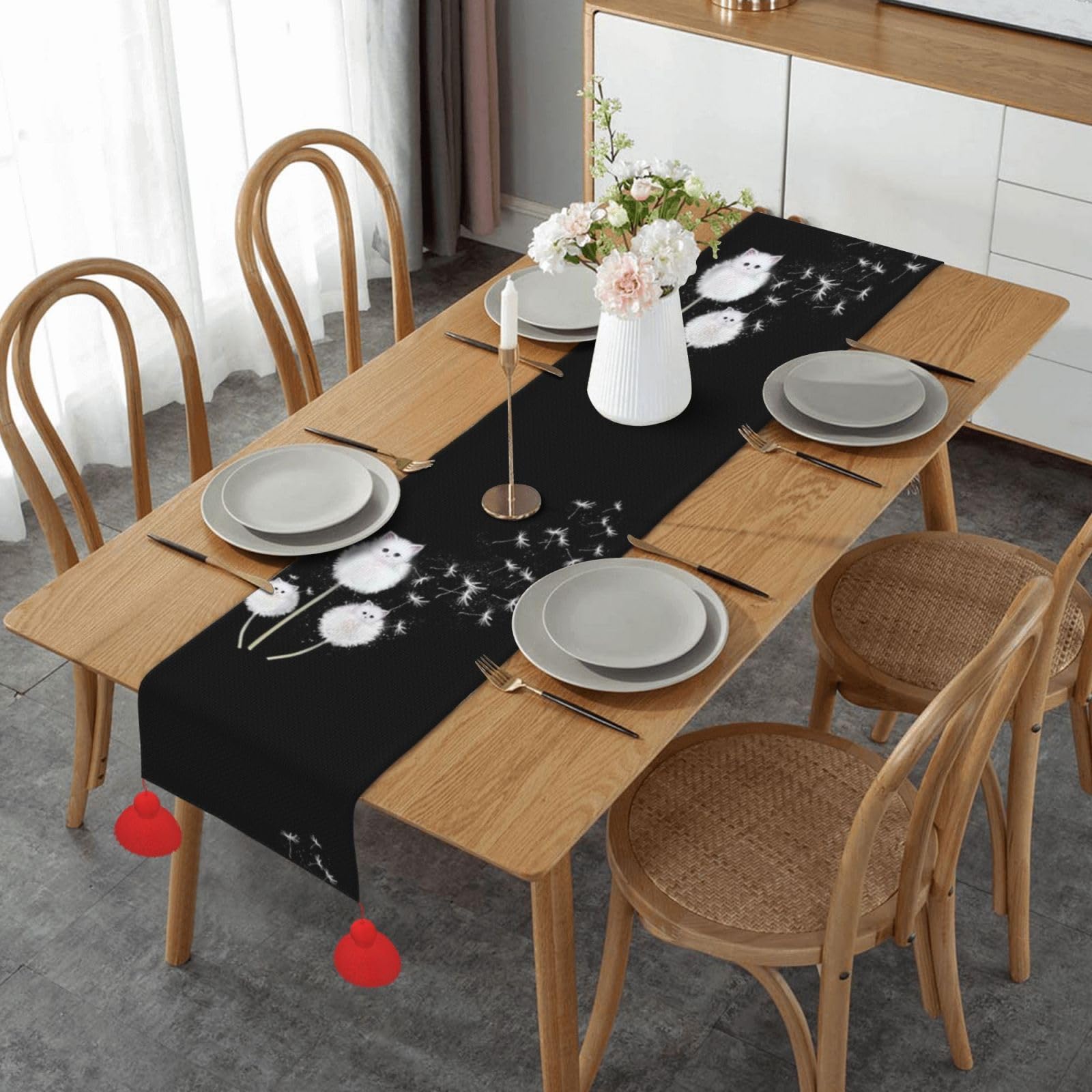 Chemin de table de Noël avec pompon et motif chat mignon original