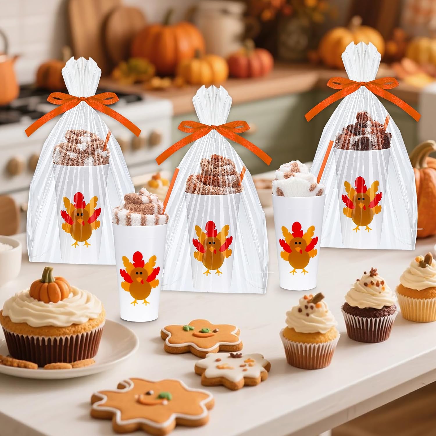 20 Pairs Fall Thanksgiving Fuzzy Socks Gift Set for Women, Cute Cupcake Sock DIY Gift Box with Turkey Cups, Paper Straws, Bags & Ribbons, Soft Fluffy Socks for Friendsgiving Party Bulk - Image 2