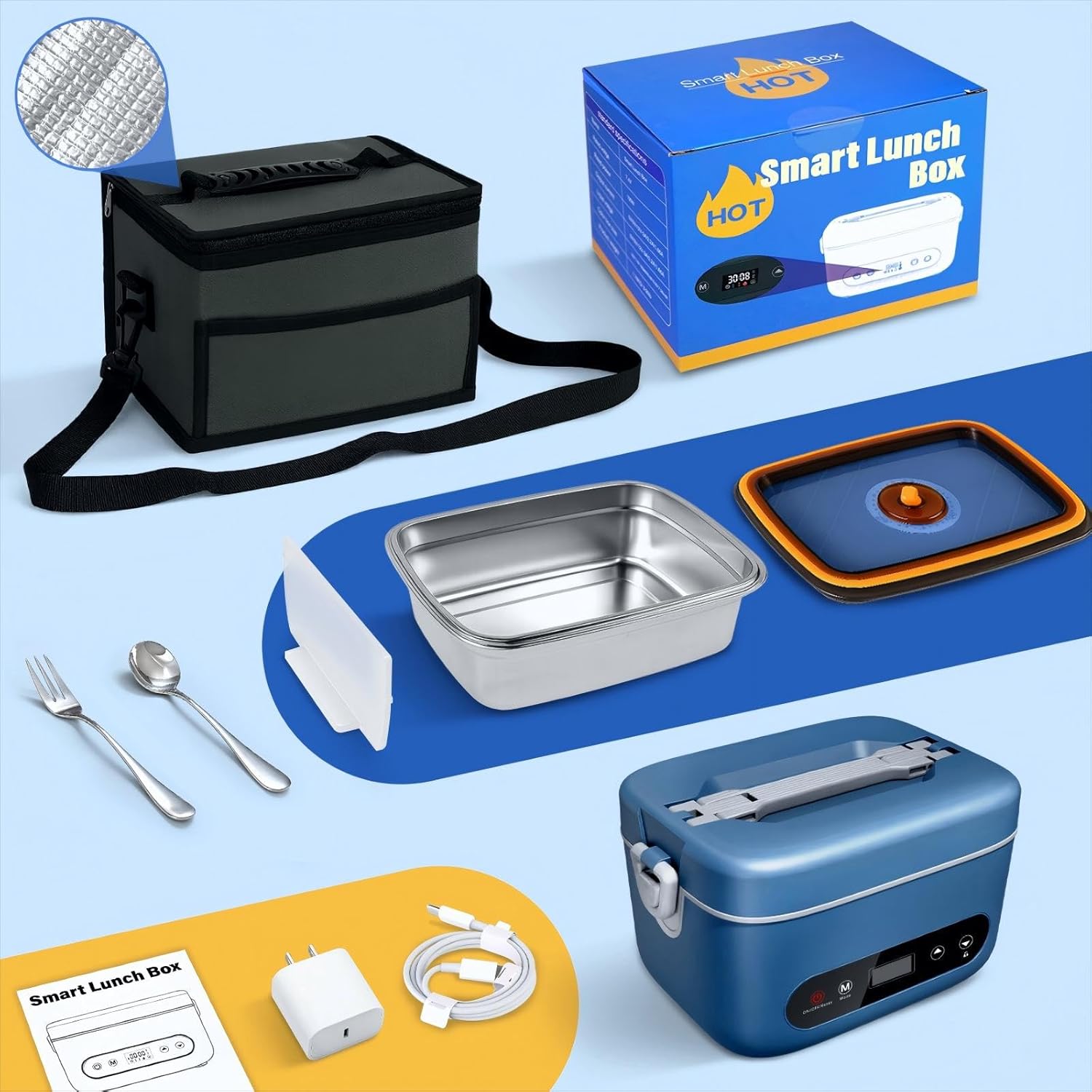 Cordless Electric Lunch Box,24000mAh Battery Powered Self Heating Lunch Box,1.2L Portable Food Warmer With Removable Divider,Insulated Bag & Utensils,For Office & Outdoor Use