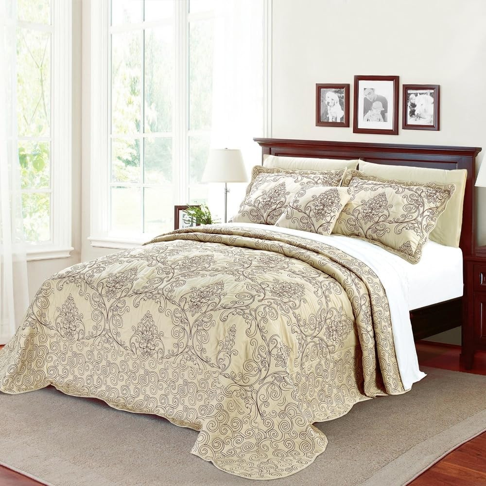 French Country Style 4 Piece Pretty Embroidered Geometric Pattern Oversized King Bedspread | All Seasons Shabby Chic Bedding Beige Tan Brown Color Designer Aesthetic Look Soft Plush Cozy Feel