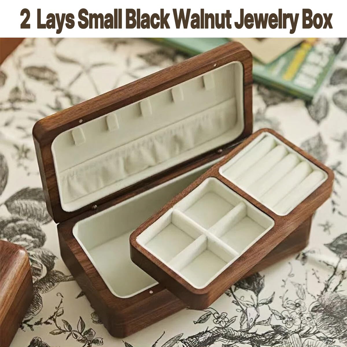 pu&lizfii Kleine Schmuckschatulle aus Walnussholz, mit Samtinnenseite, Magnetverschluss, Mini-Reise-Schmuck-Organizer für Halsketten, Ohrringe, Ringe, kleine Accessoires, elegante
