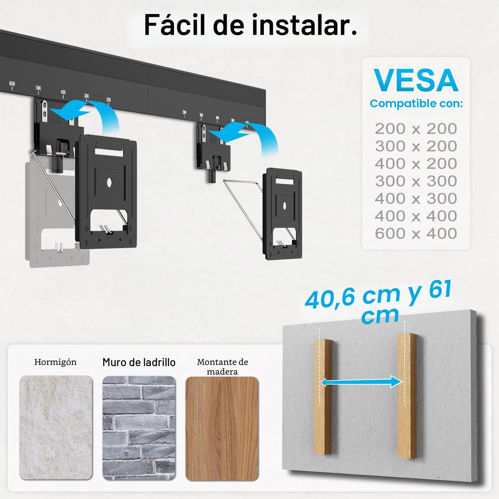 Soporte de Pared Ultrafino para televisores de 37 a 80 Pulgadas, máx. 75 kg, Soporte de TV máx. VESA 600 x 400, compatibilidad Universal, Distancia a la Pared Solo 0,95 cm