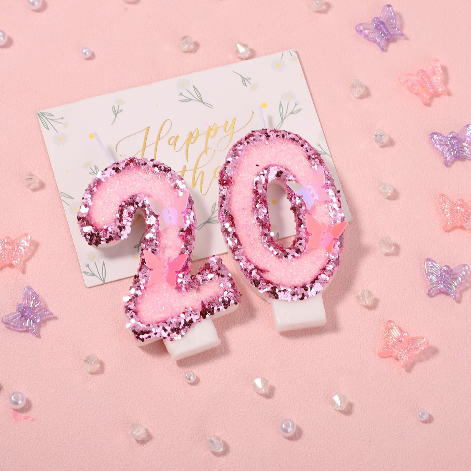 7,5 cm Candele di Compleanno Numero, Candele Numeri Torta Rosa Glitterato Cake Topper Candele di Compleanno a Farfalla con Paillettes per Forniture per Feste di Anniversario (Numero 4