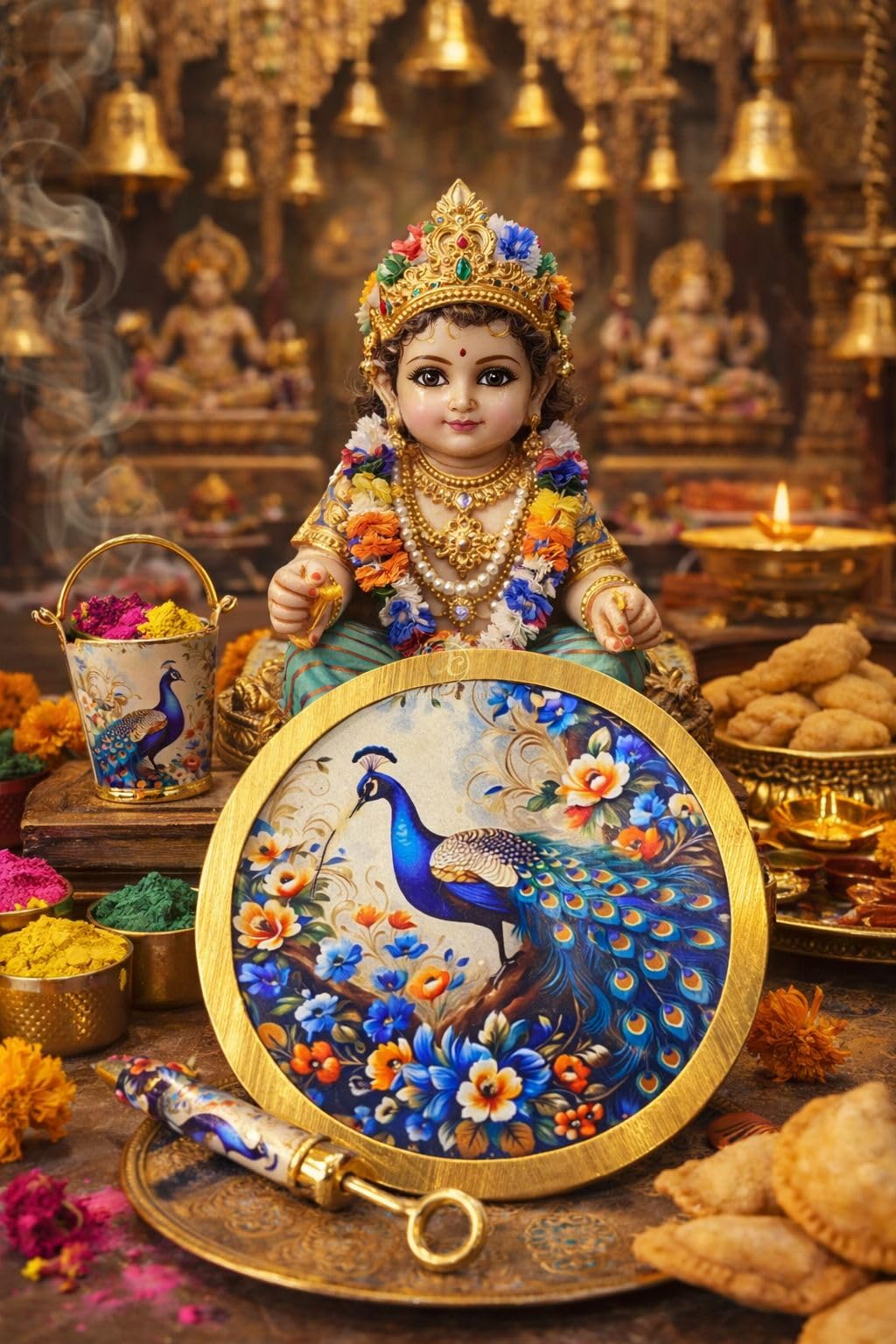 Arrakasta Crafts Laddu Gopal Holi Puja Thali Plate Platter 5 Piece Set with Balti, Pichkari, 2 Bowls | Radha Krishna Peacock Pichwai Holi Puja Item Nand Utsav Gift (Peacock Holi Platter 5 Pcs Set) 4